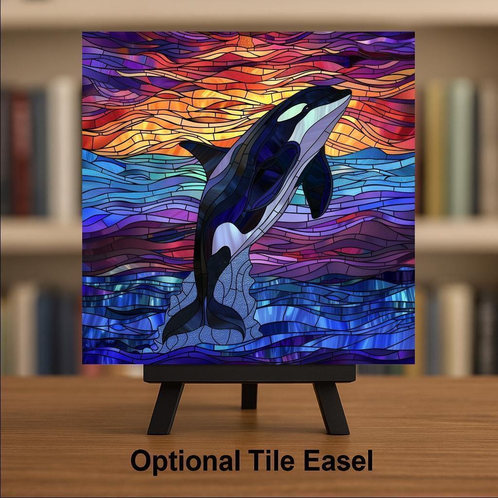Breaching Whale Ceramic Tile Wall Art Ocean Sunset Orca Nautical Stained Glass Style Coastal Marine Decor