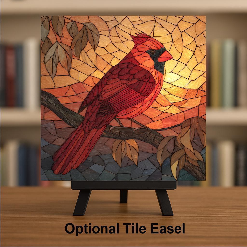 Red Cardinal Ceramic Art Tile – Stained Glass Style Bird Wall Decor, Dogwood Memorial Remembrance Gift