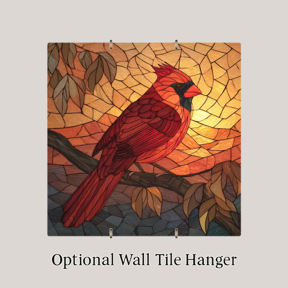 Red Cardinal Ceramic Art Tile – Stained Glass Style Bird Wall Decor, Dogwood Memorial Remembrance Gift