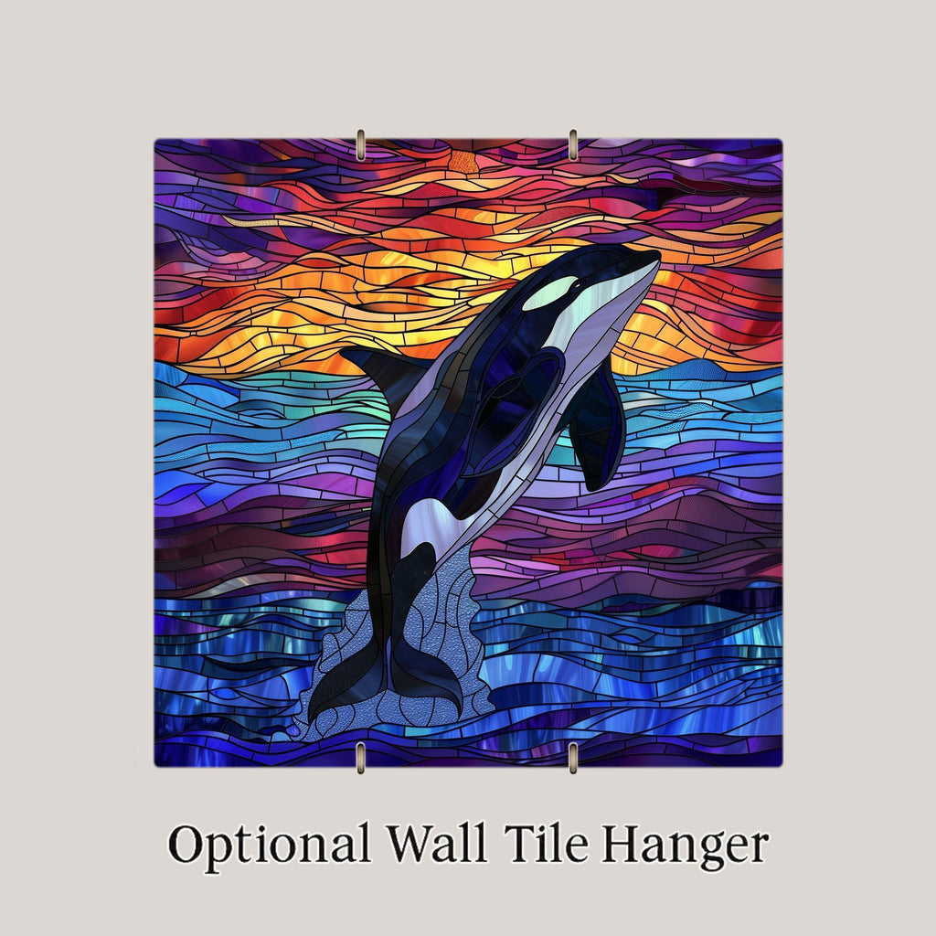 Breaching Whale Ceramic Tile Wall Art Ocean Sunset Orca Nautical Stained Glass Style Coastal Marine Decor
