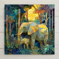 Stained glass style artwork depicting an adult elephant walking beside a baby elephant in a forest environment with glowing light and layered mosaic textures. The illustration is printed on a square ceramic decorative tile featuring rich jewel tones and detailed nature elements.
