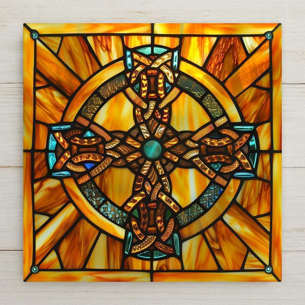 This Celtic Cross tile blends heritage, faith, and art into one stunning piece. With a vibrant stained-glass look and knotwork details, it's perfect as a wall decoration, trivet, or meaningful gift for weddings, holidays, or spiritual milestones.