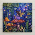Whimsical fairy ceramic tile wall art featuring a winged fairy sitting on a mushroom in an enchanted forest with glowing fireflies. Stained glass–style fantasy home decor printed on ceramic tile. Perfect fairy decor, magical wall decor, and fantasy home decor gift. Optional wall hanger, easel stand, cork backing, and premium frame available.