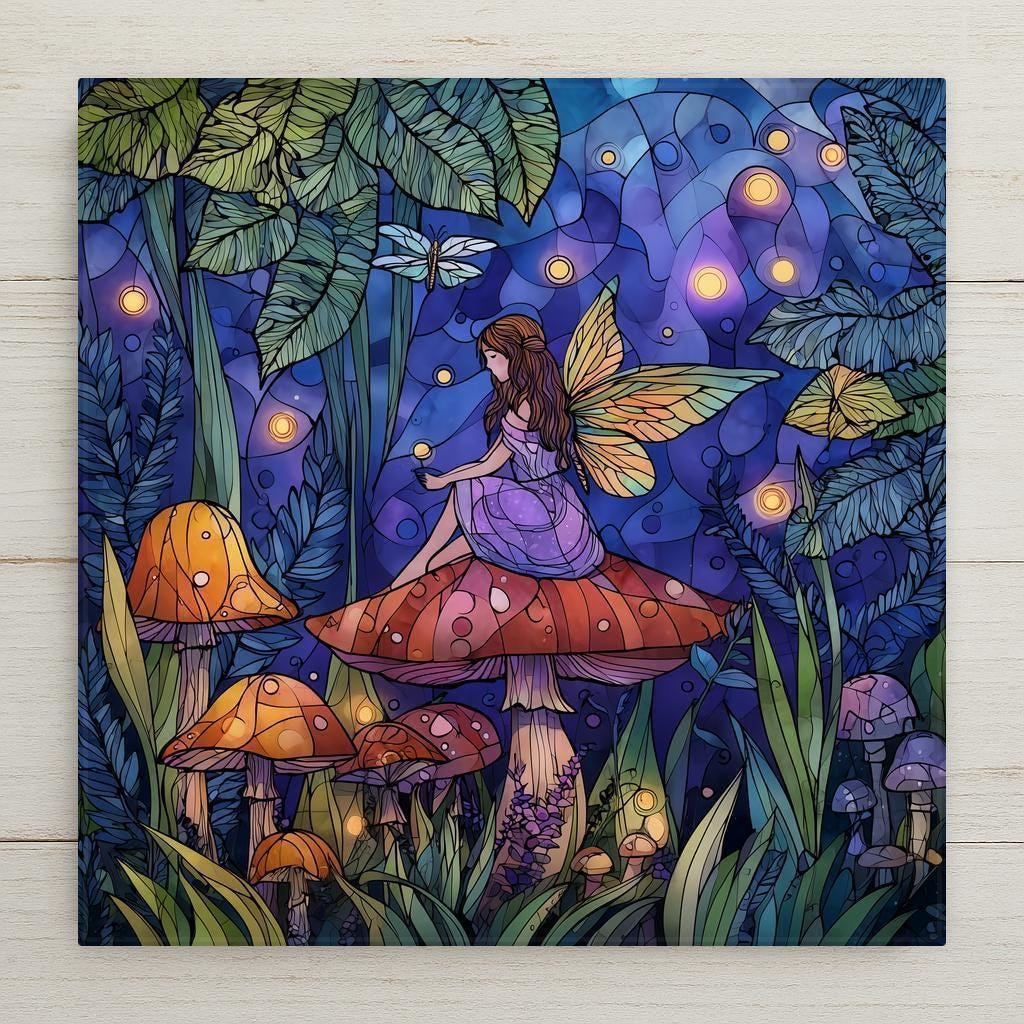 Whimsical fairy ceramic tile wall art featuring a winged fairy sitting on a mushroom in an enchanted forest with glowing fireflies. Stained glass–style fantasy home decor printed on ceramic tile. Perfect fairy decor, magical wall decor, and fantasy home decor gift. Optional wall hanger, easel stand, cork backing, and premium frame available.