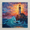 Stained-glass-style artwork of a lighthouse on a rocky cliff at sunset, with warm orange and purple sky tones and a glowing beacon. Blue and turquoise waves crash below, forming mosaic-like shapes with bright highlights. The design features vivid color blocks and a handcrafted glass-tile effect.