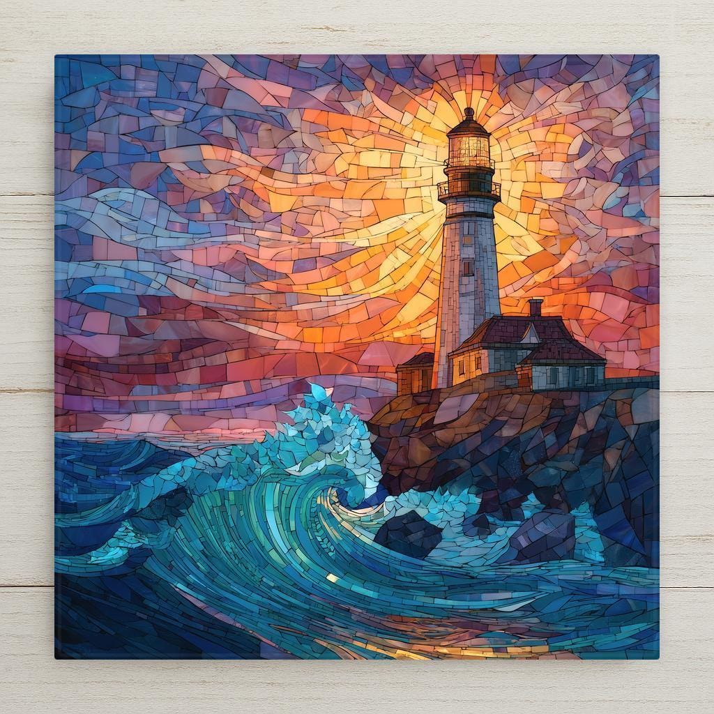 Stained-glass-style artwork of a lighthouse on a rocky cliff at sunset, with warm orange and purple sky tones and a glowing beacon. Blue and turquoise waves crash below, forming mosaic-like shapes with bright highlights. The design features vivid color blocks and a handcrafted glass-tile effect.
