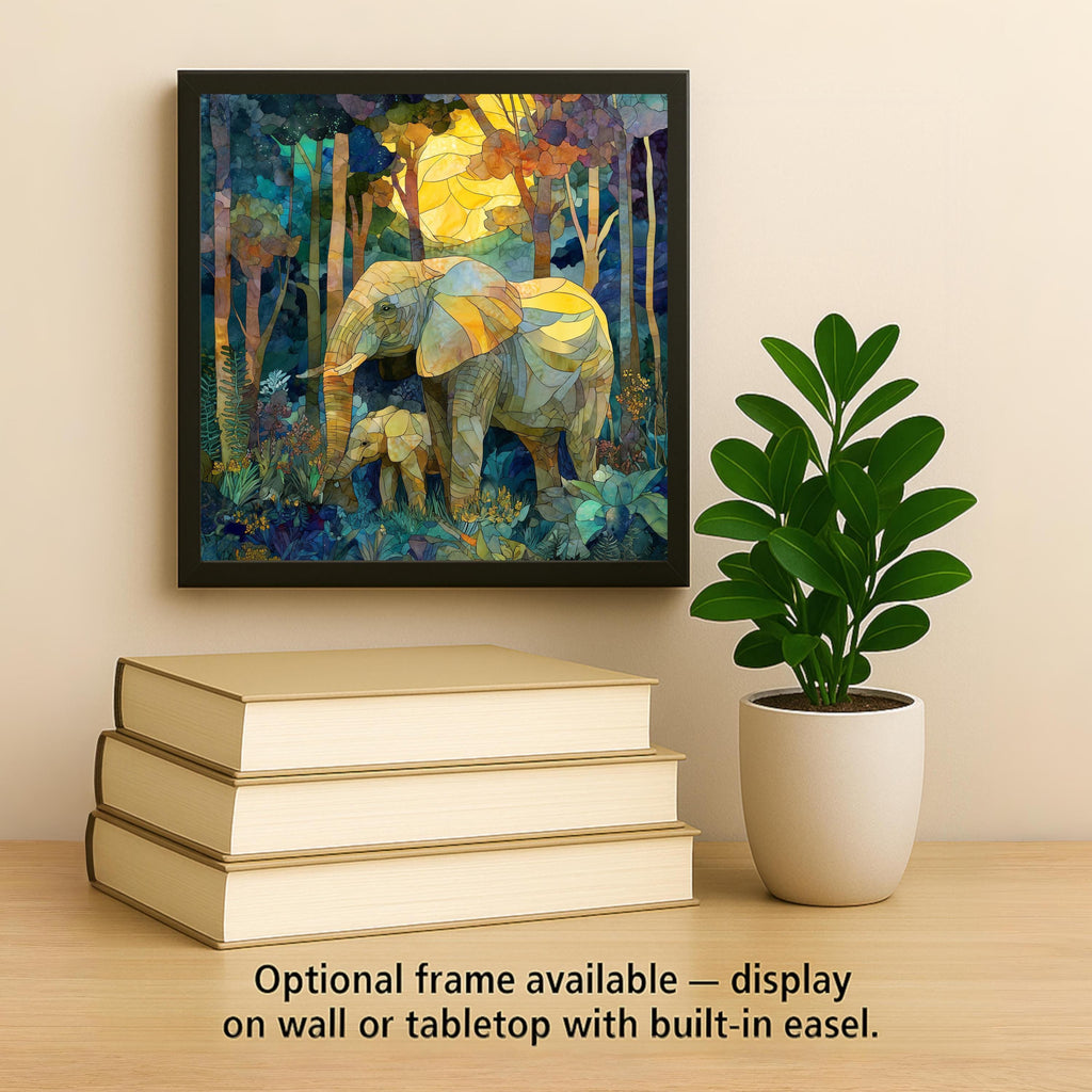 Elephant Mother Baby Wall Art Ceramic Tile Stained Glass Style Wildlife Illustration Nursery Animal Family Gift Tile