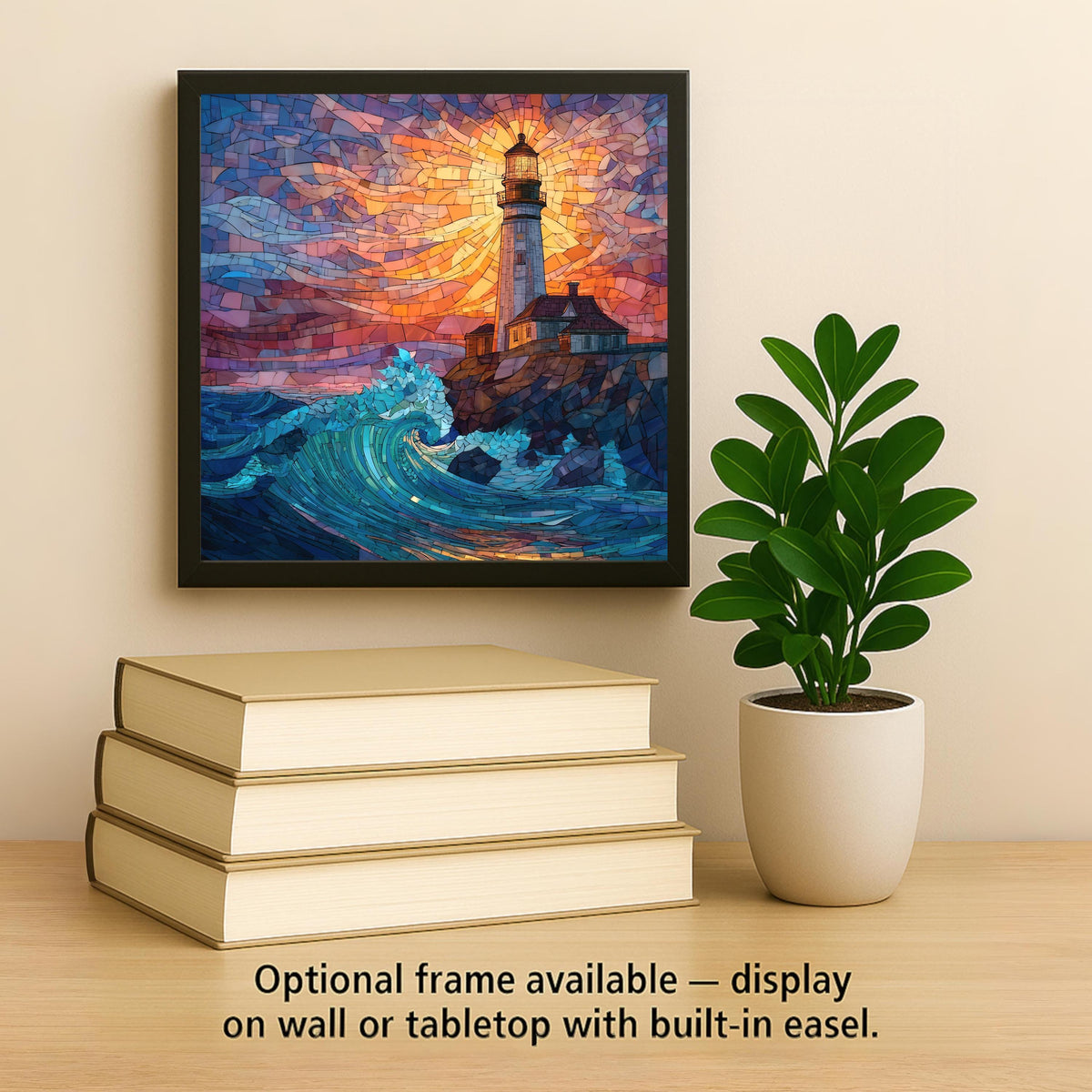 Lighthouse Ceramic Art Tile – Stained Glass Style Coastal Sunset Wall Decor, Nautical Ocean Wave Gift