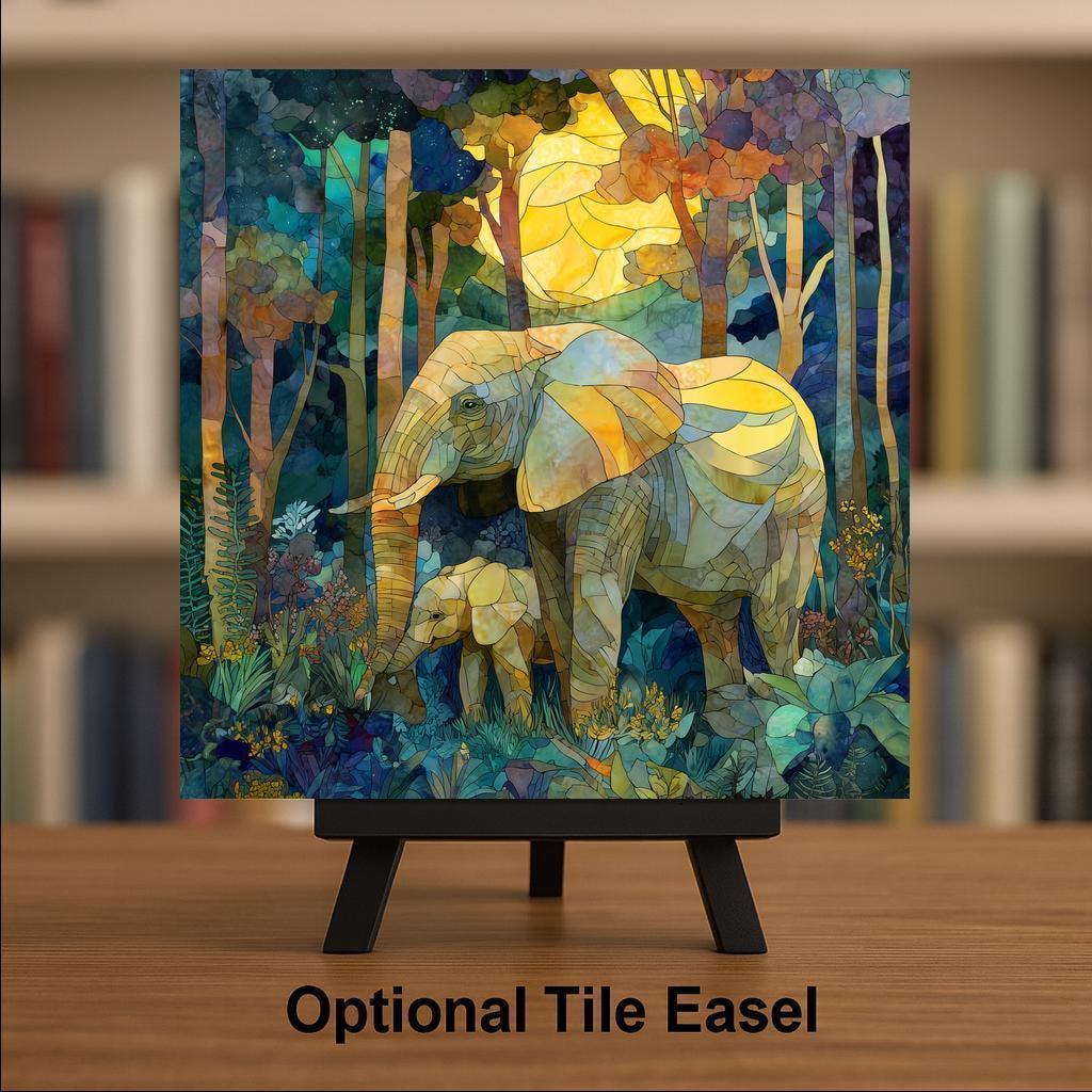 Elephant Mother Baby Wall Art Ceramic Tile Stained Glass Style Wildlife Illustration Nursery Animal Family Gift Tile