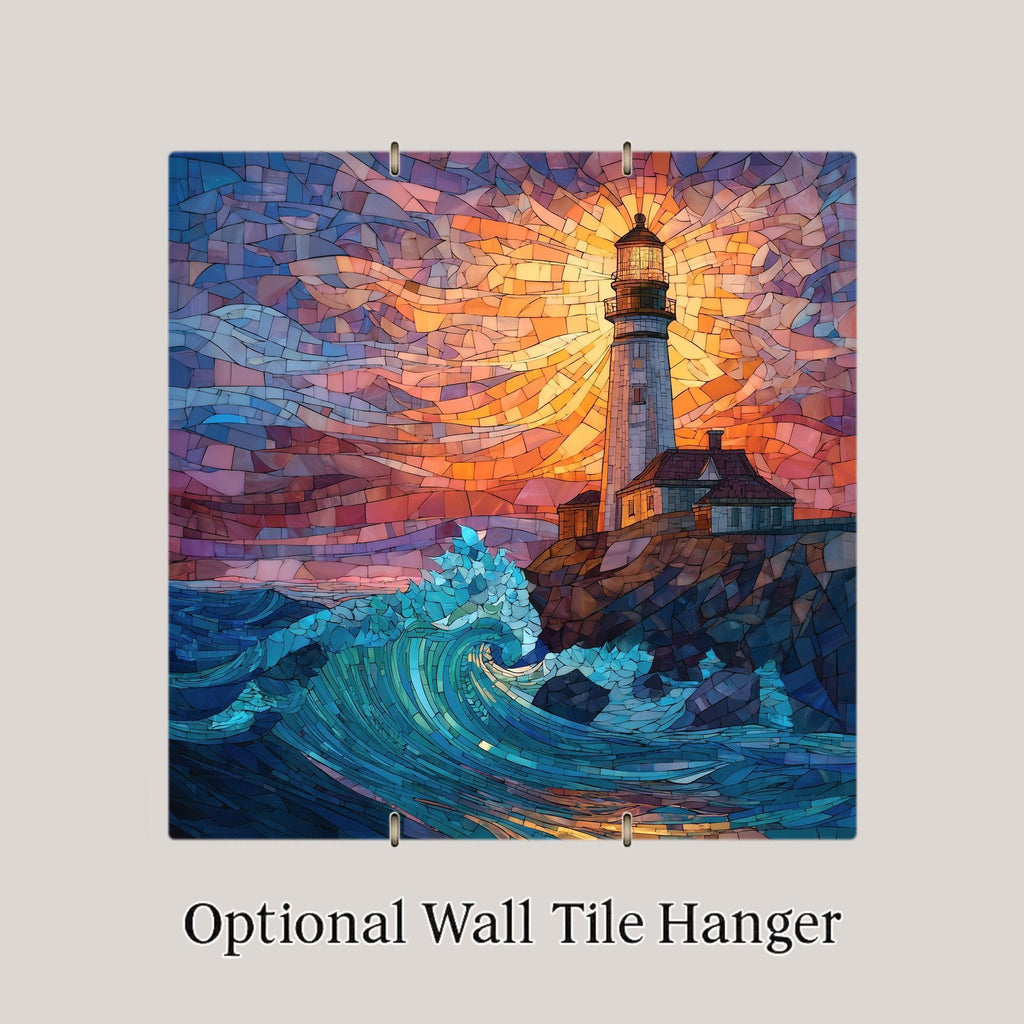 Lighthouse Ceramic Art Tile – Stained Glass Style Coastal Sunset Wall Decor, Nautical Ocean Wave Gift