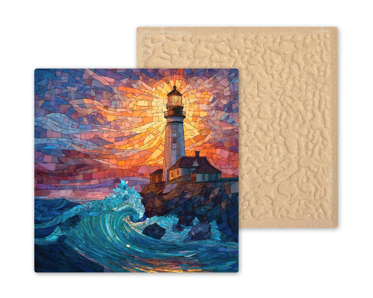 Lighthouse Ceramic Art Tile – Stained Glass Style Coastal Sunset Wall Decor, Nautical Ocean Wave Gift