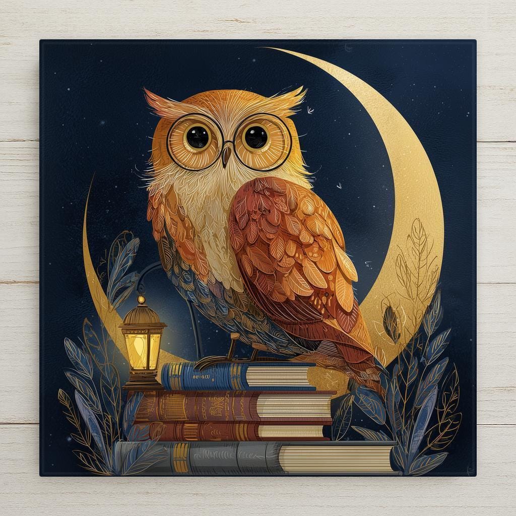 A whimsical owl ceramic tile artwork showing a wide-eyed owl perched on stacked books beneath a golden crescent moon. The night sky background, lantern glow, and stained glass–style textures create a cozy, storybook feel. Printed art on ceramic tile with optional wall hanger, easel tile stand, cork backing, or premium frame available.