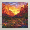 Sedona red rock ceramic tile wall art featuring a stained glass–style desert landscape with glowing canyon cliffs, warm sunset sky, and colorful wildflowers inspired by Sedona, Arizona. This statement wall art is a permanent high-resolution print on ceramic tile, ideal for serene Southwest home decor.