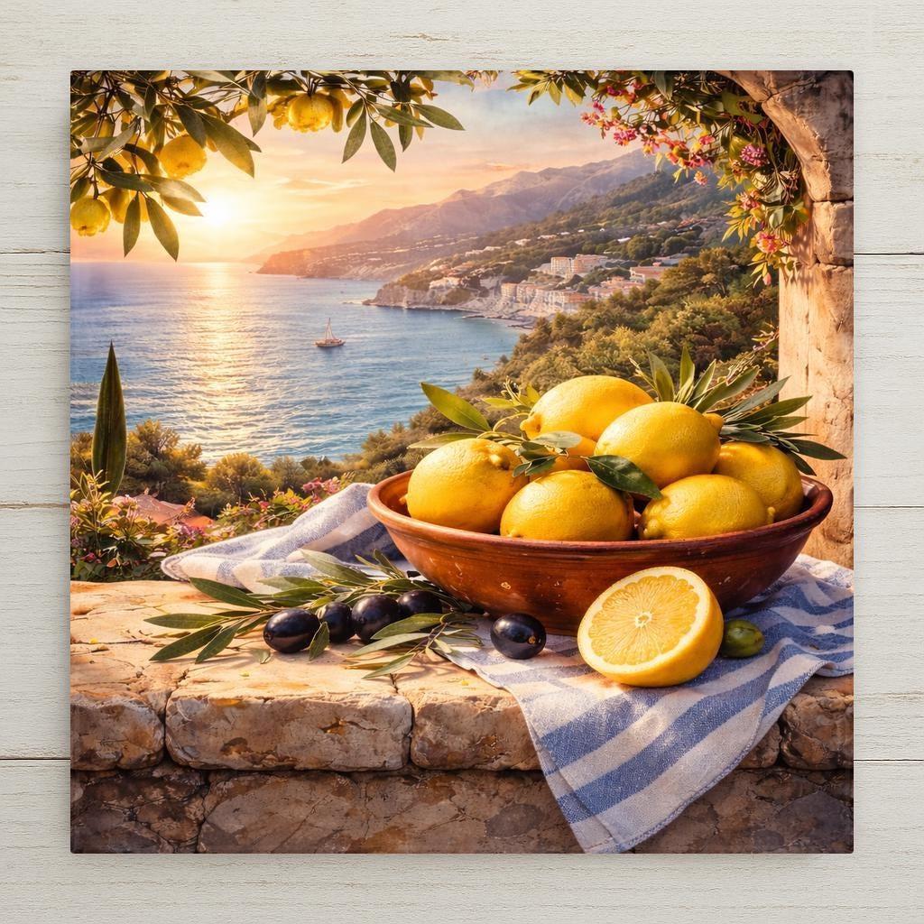 A Mediterranean-inspired ceramic tile featuring a terracotta bowl filled with bright yellow lemons and olive branches on a sunlit stone terrace overlooking the Amalfi Coast at sunset. Warm golden light reflects on the sea, with coastal cliffs and hillside villas in the distance.