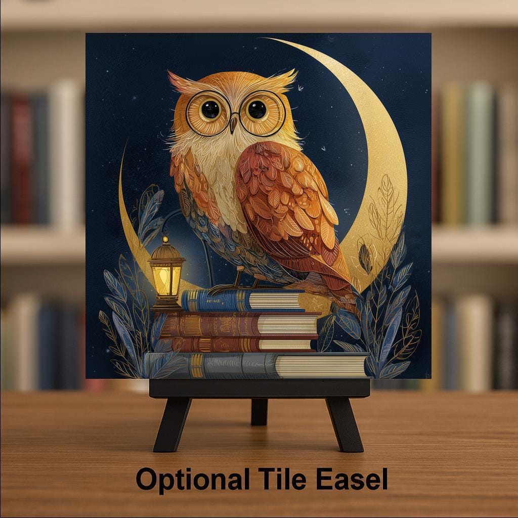 Owl Ceramic Tile Wall Art – Whimsical Night Owl Decor, Stained Glass Style Moon Owl, Cottagecore Wall Decor, Home Decor Gift