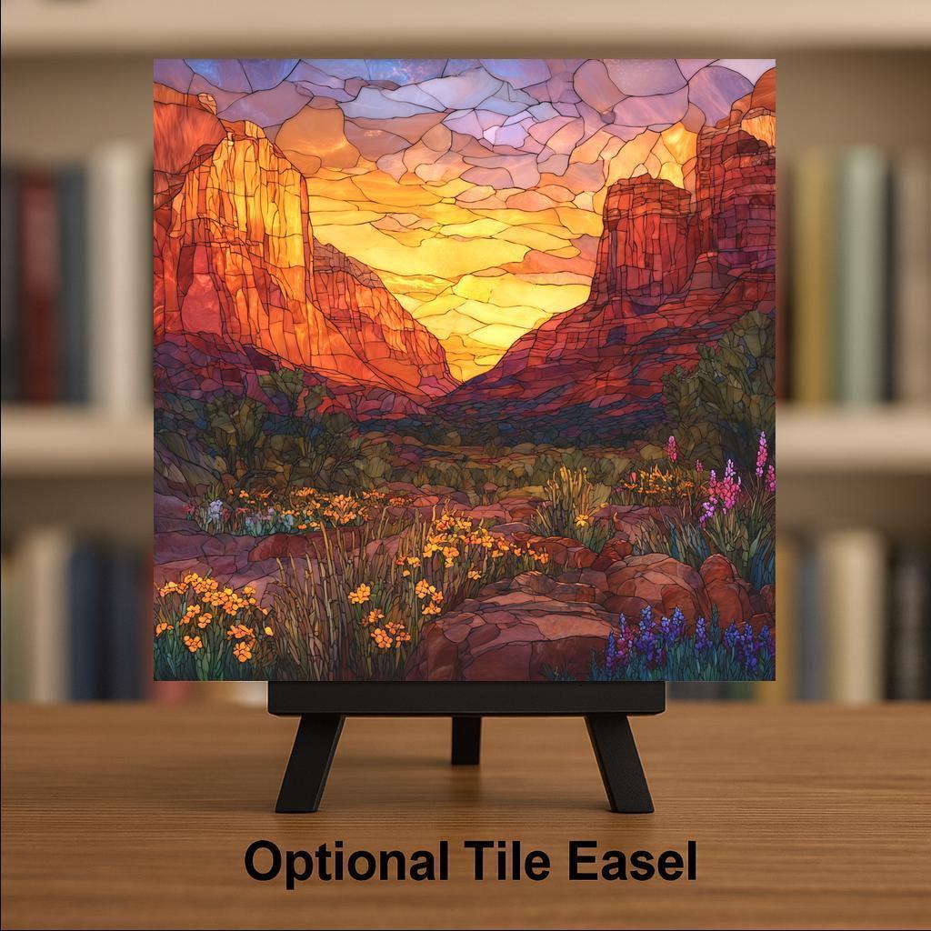 Sedona Red Rock Ceramic Tile Wall Art - Stained Glass Style Desert Landscape Statement Decor for Southwest Home
