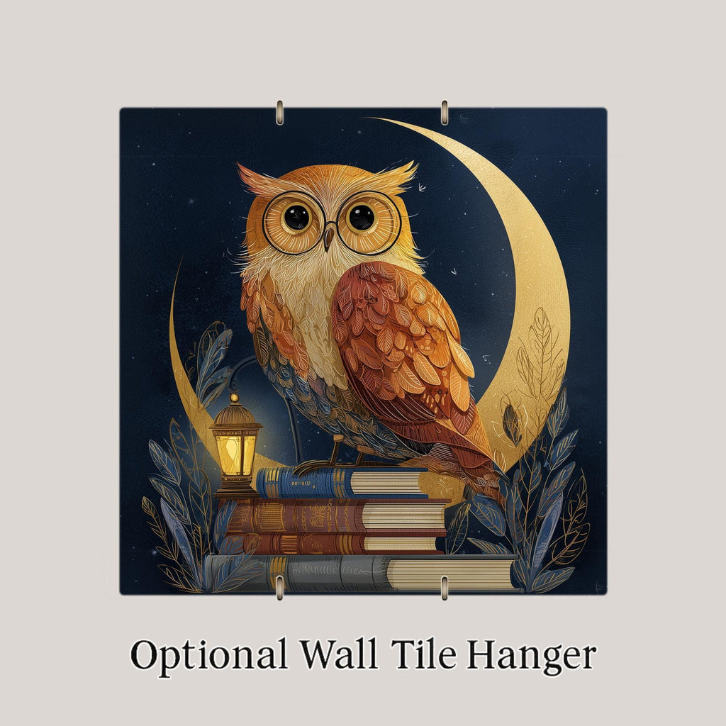 Owl Ceramic Tile Wall Art – Whimsical Night Owl Decor, Stained Glass Style Moon Owl, Cottagecore Wall Decor, Home Decor Gift