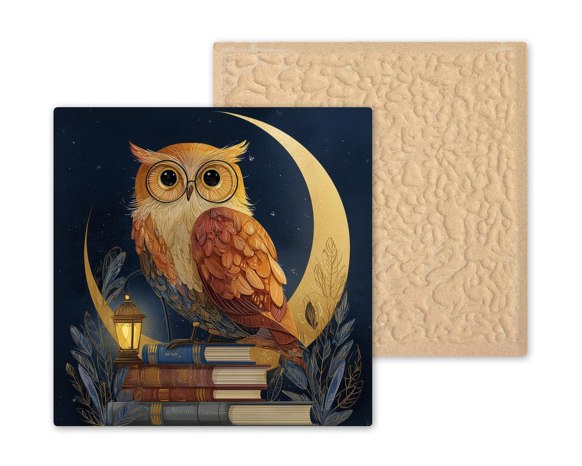 Owl Ceramic Tile Wall Art – Whimsical Night Owl Decor, Stained Glass Style Moon Owl, Cottagecore Wall Decor, Home Decor Gift