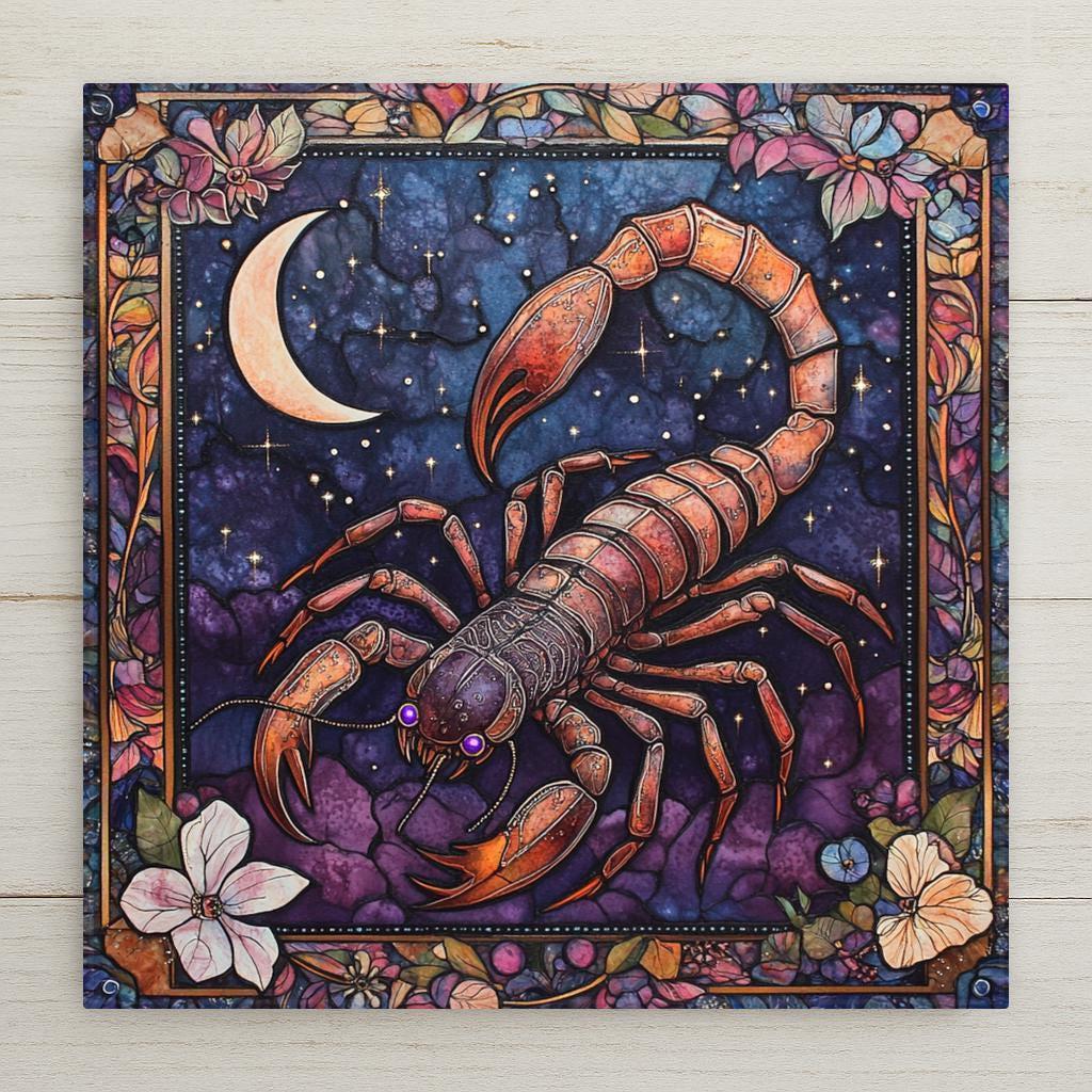 Stained glass style ceramic art tile of a scorpion under a crescent moon and stars in a purple night sky with floral border, Scorpio zodiac witchy dark academia celestial wall decor.