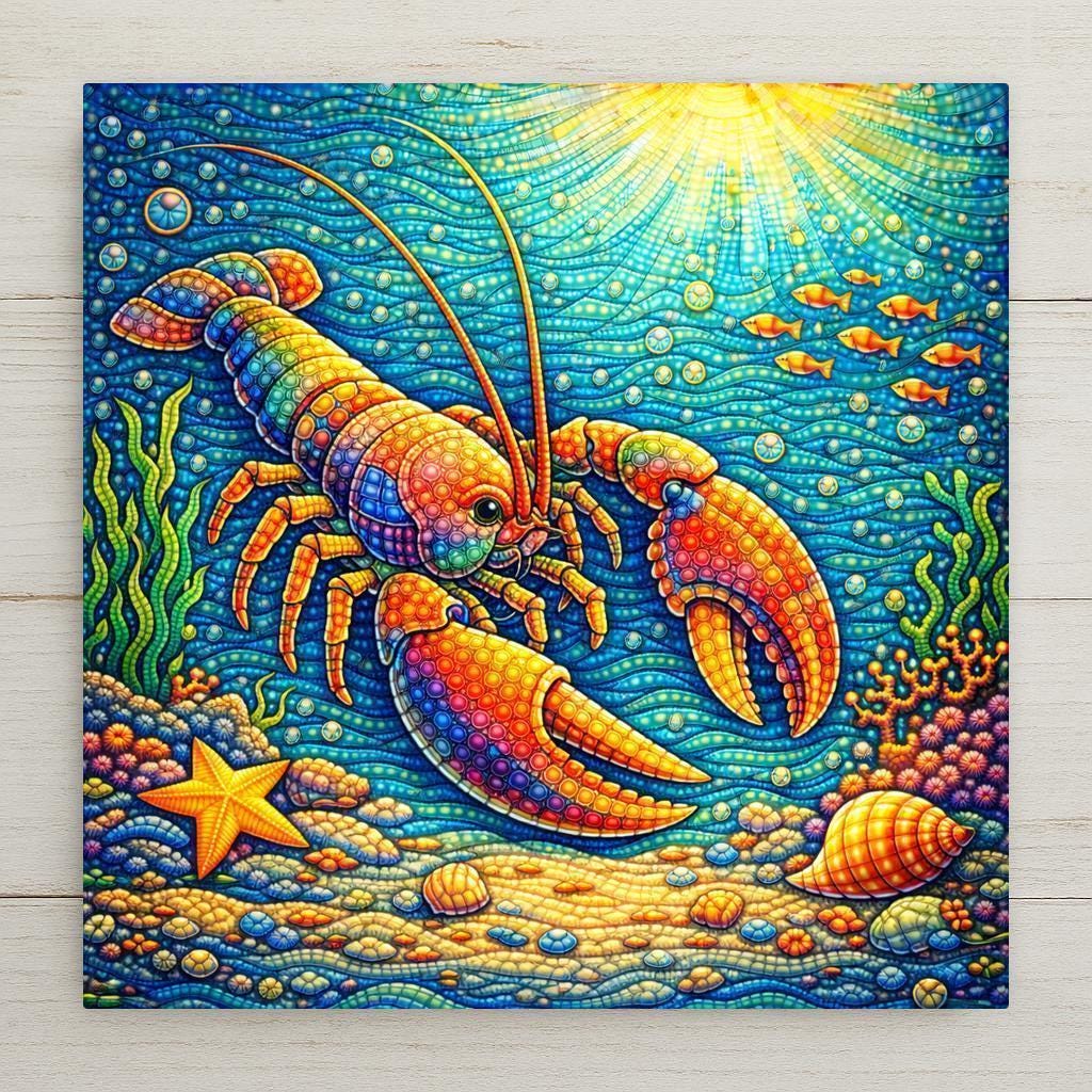 Whimsical lobster ceramic tile wall art in a colorful stained glass–style design. Perfect for coastal nursery decor, beach house wall decor, or playful ocean-themed home decor. This is a permanent printed design on ceramic tile, not real stained glass or mosaic. Optional display upgrades include a tile wall hanger, easel tile stand, cork backing, or premium frame.