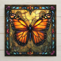 Monarch butterfly ceramic tile with Art Nouveau floral frame and stained glass style wall decor. Glossy ceramic finish enhances color and detail. A meaningful home decor gift for butterfly lovers, nature enthusiasts, or those embracing transformation and growth.