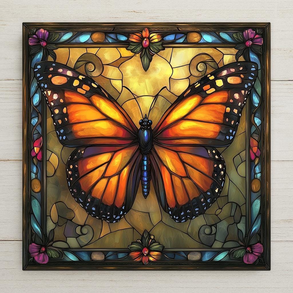 Monarch butterfly ceramic tile with Art Nouveau floral frame and stained glass style wall decor. Glossy ceramic finish enhances color and detail. A meaningful home decor gift for butterfly lovers, nature enthusiasts, or those embracing transformation and growth.