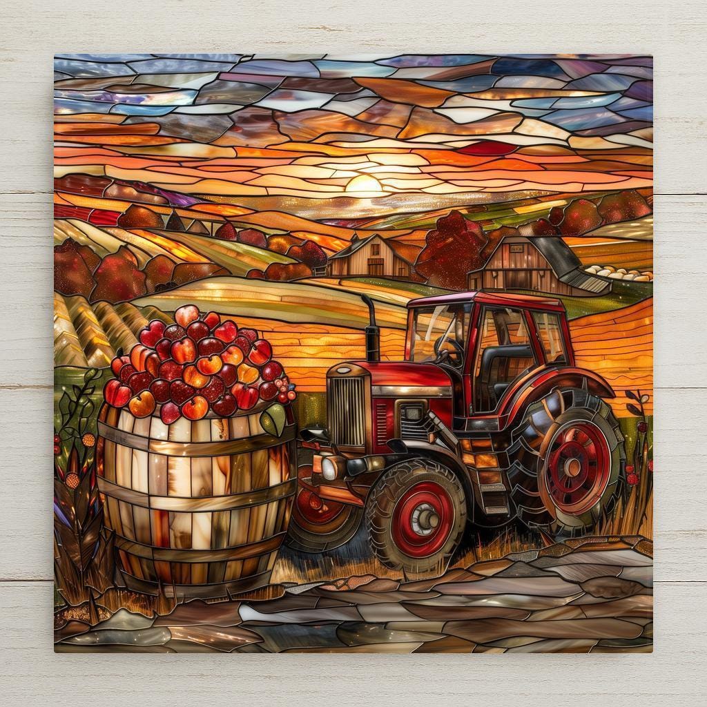 Stained glass–style ceramic tile featuring a rustic basket of apples with glowing autumn leaves. A permanent print on tile, not actual stained glass. Printed with premium inks for long-lasting color. Optional add-ons include a tile wall hanger, easel tile stand, or cork backing. Perfect as seasonal wall art, autumn kitchen décor, or a thoughtful harvest gift.