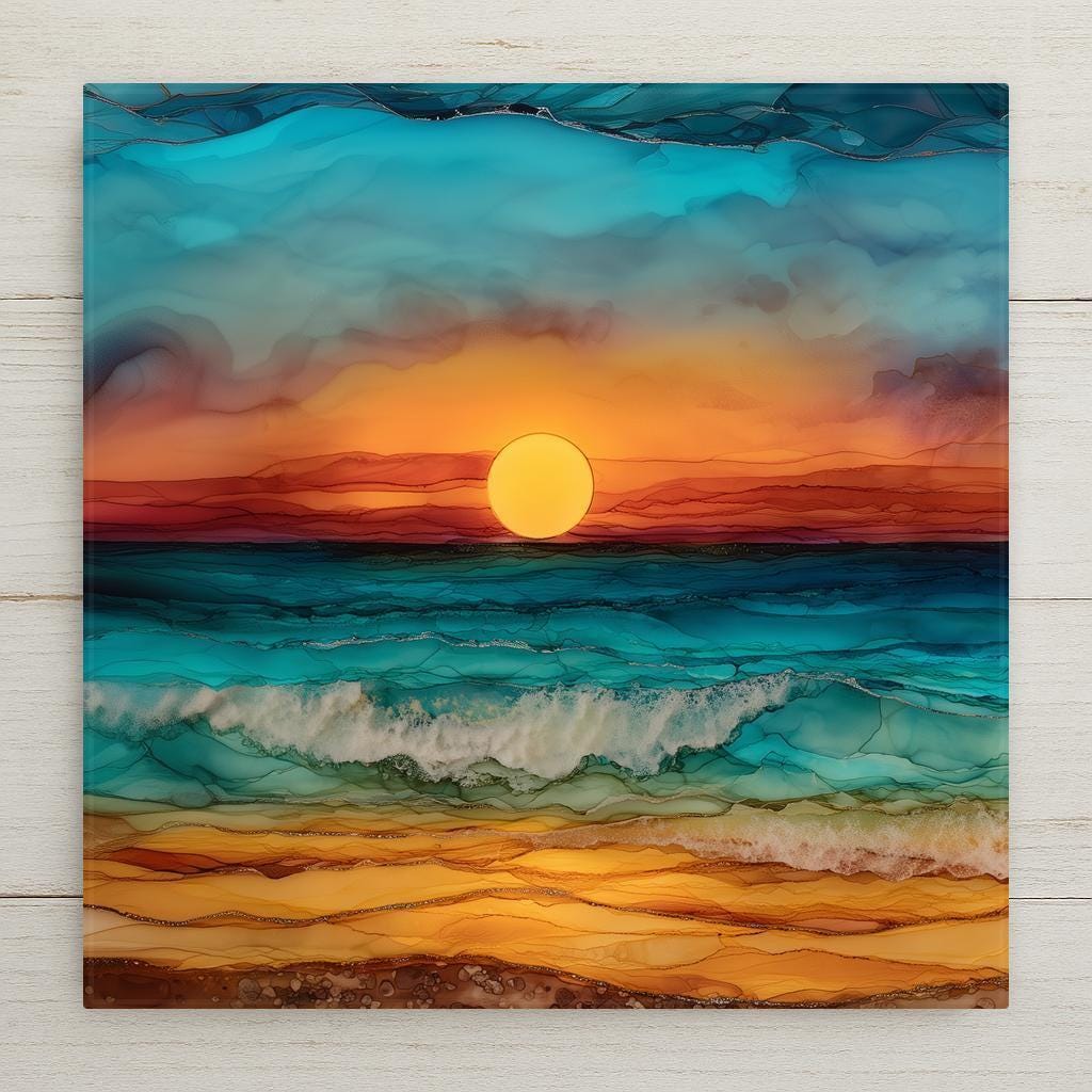 Stained glass style ocean sunset decorative tile featuring layered waves in deep blues and turquoise beneath a glowing golden sun on the horizon. Printed on glossy ceramic, this coastal art tile shows flowing mosaic textures and warm shoreline tones, creating a calm seaside wall decor piece ideal for beach houses, coastal homes, or ocean-inspired interiors.