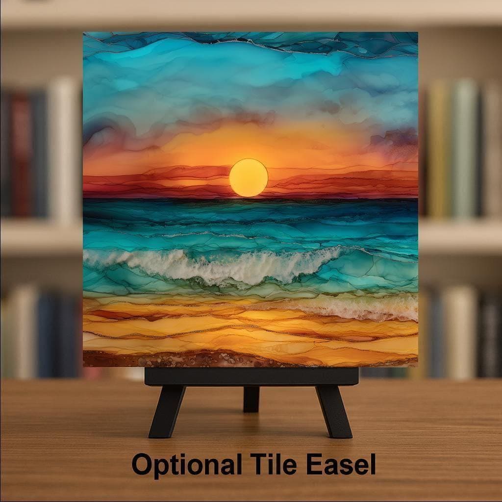 Ocean Sunset Stained Glass Style Ceramic Art Tile: Coastal Wall Decor Beach House Accent Ocean Home Decor Wall Art