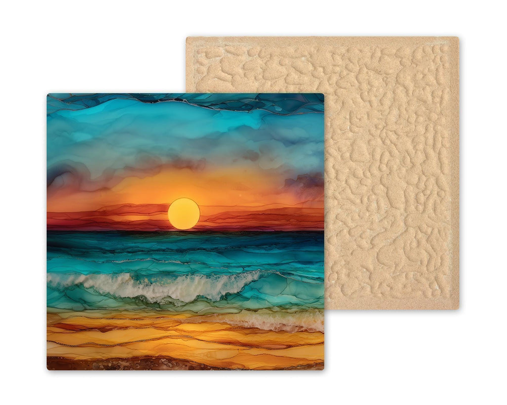 Ocean Sunset Stained Glass Style Ceramic Art Tile: Coastal Wall Decor Beach House Accent Ocean Home Decor Wall Art
