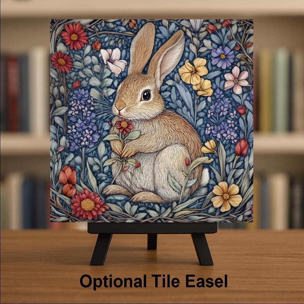 Bunny Wall Art Ceramic Tile William Morris Gift Art Nouveau Floral Decor Rabbit Lover Nature Art Botanical Gift