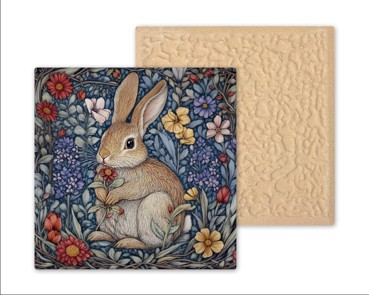 Bunny Wall Art Ceramic Tile William Morris Gift Art Nouveau Floral Decor Rabbit Lover Nature Art Botanical Gift
