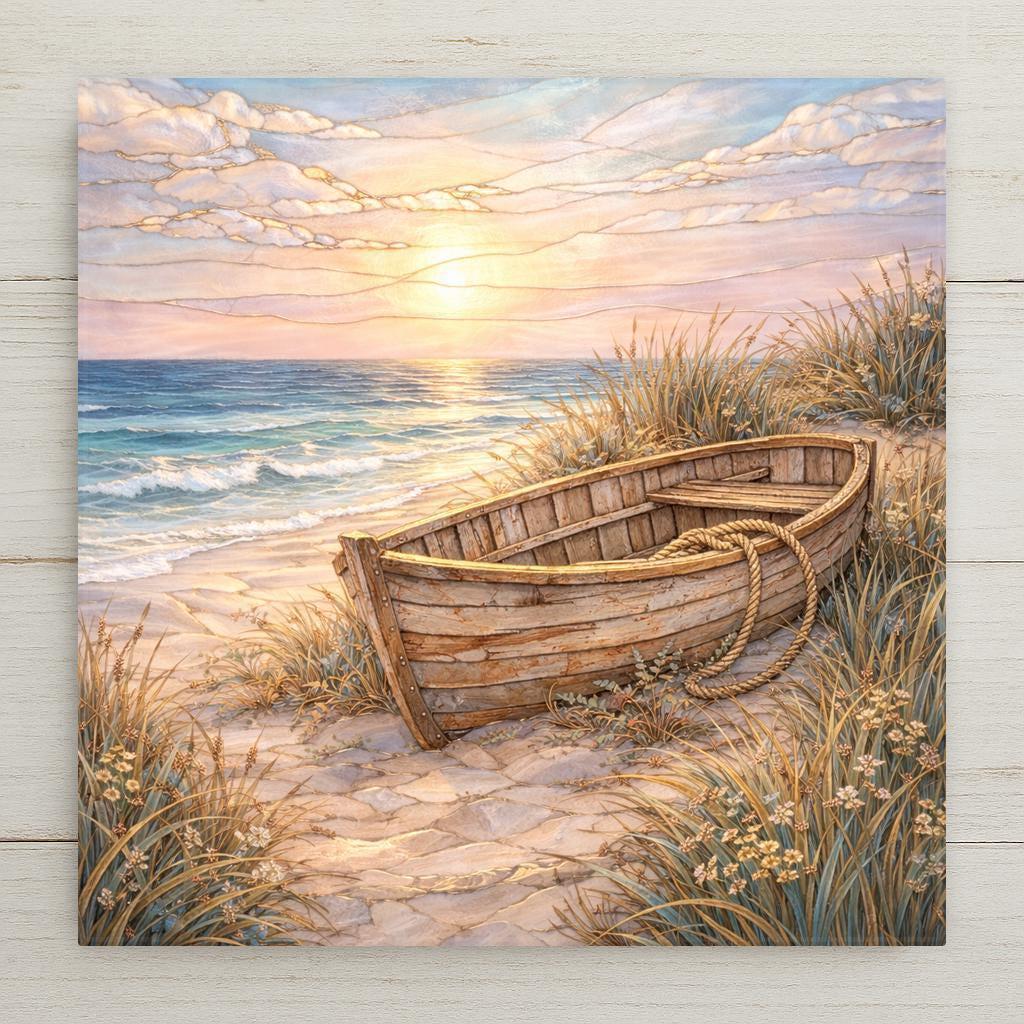 Coastal ceramic tile wall art featuring a stained glass-style beach scene with a wooden rowboat resting in dune grass at sunset. Ocean waves, soft pastel sky, and warm light create peaceful seaside decor. Printed on ceramic tile with vivid color and fine detail. Designed for shelf or wall display with optional tile wall hanger, easel tile stand, cork backing, or premium frame.