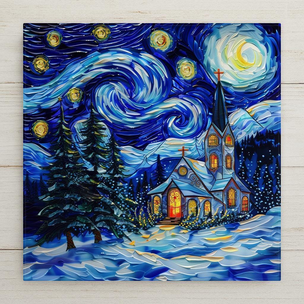 Home Decor stained glass–style ceramic tile featuring a glowing Christmas church under a swirling starry night sky. While it may look like stained glass or mosaic, this is a permanent print on tile. Printed with premium inks for vivid, lasting color. Optional add-ons include a tile wall hanger, easel tile stand, or cork backing. Perfect for holiday décor, spiritual wall art, or meaningful Christmas gifts.