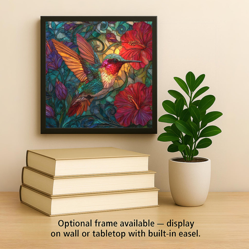 Hummingbird Wall Art Ceramic Tile Stained Glass Style Hibiscus Floral Design Nature Home Decor Botanical Gift Tile