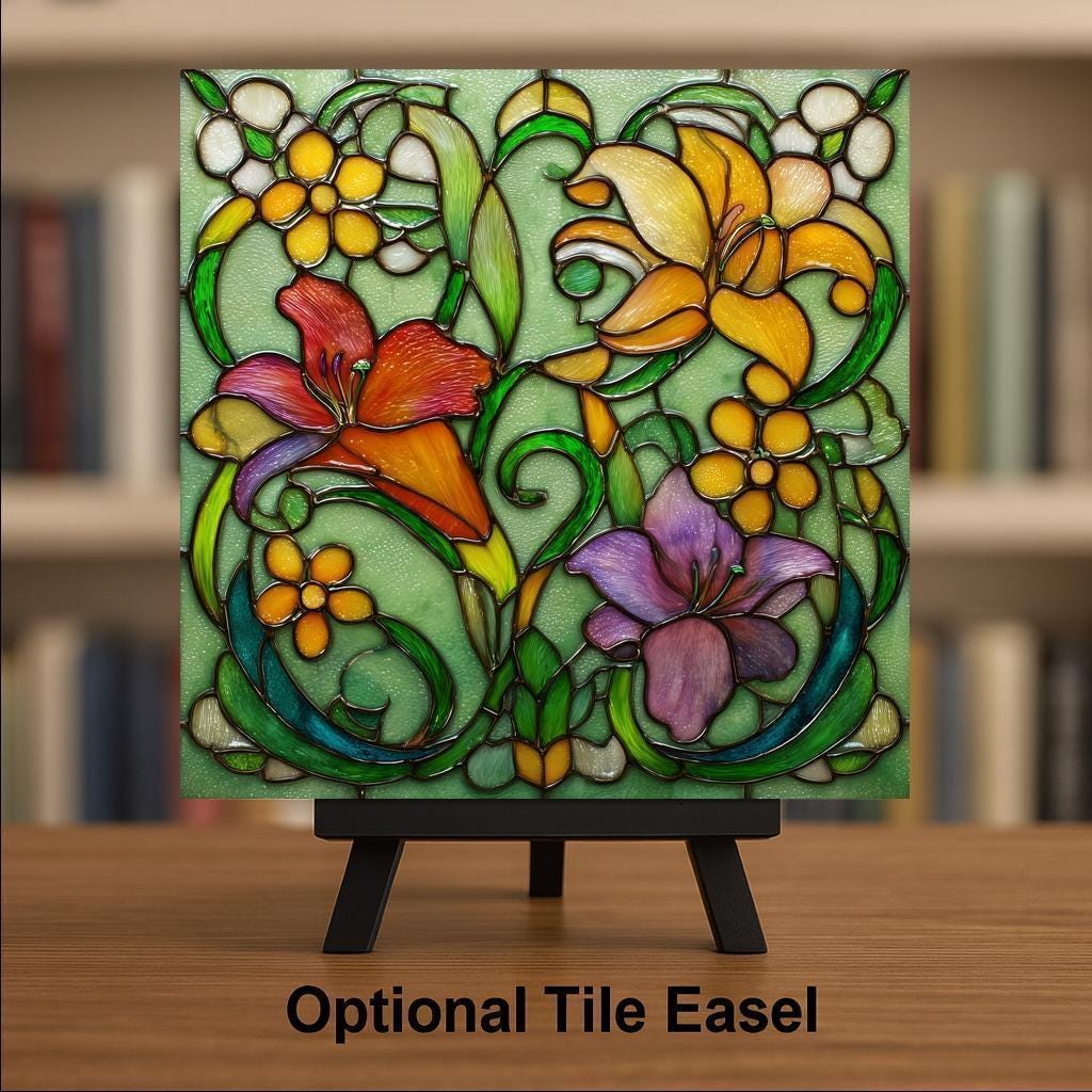 Floral Ceramic Art Tile – Art Nouveau Style, Stained Glass, Botanical Gift, Flower Lover Nature Jewel Tone