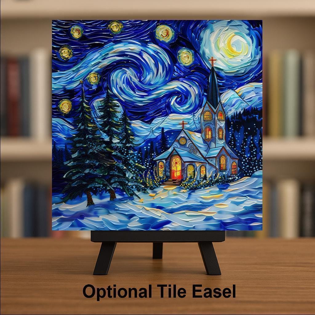 Starry Night Church Ceramic Art Tile: Faith Wall Decor Christian Gift Religious Home Decor Wall Art