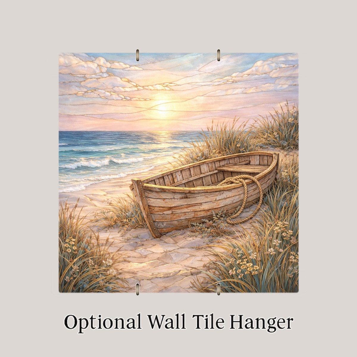 Coastal Rowboat Ceramic Art Tile – Stained Glass Style Beach Wall Decor, Ocean Sunset Nautical Gift