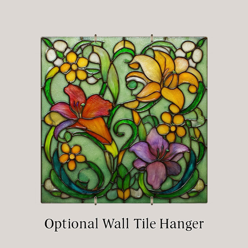 Floral Ceramic Art Tile – Art Nouveau Style, Stained Glass, Botanical Gift, Flower Lover Nature Jewel Tone