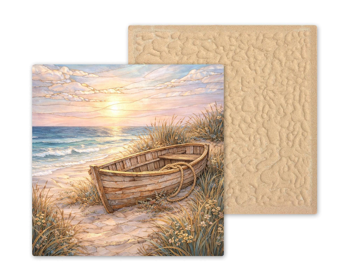 Coastal Rowboat Ceramic Art Tile – Stained Glass Style Beach Wall Decor, Ocean Sunset Nautical Gift