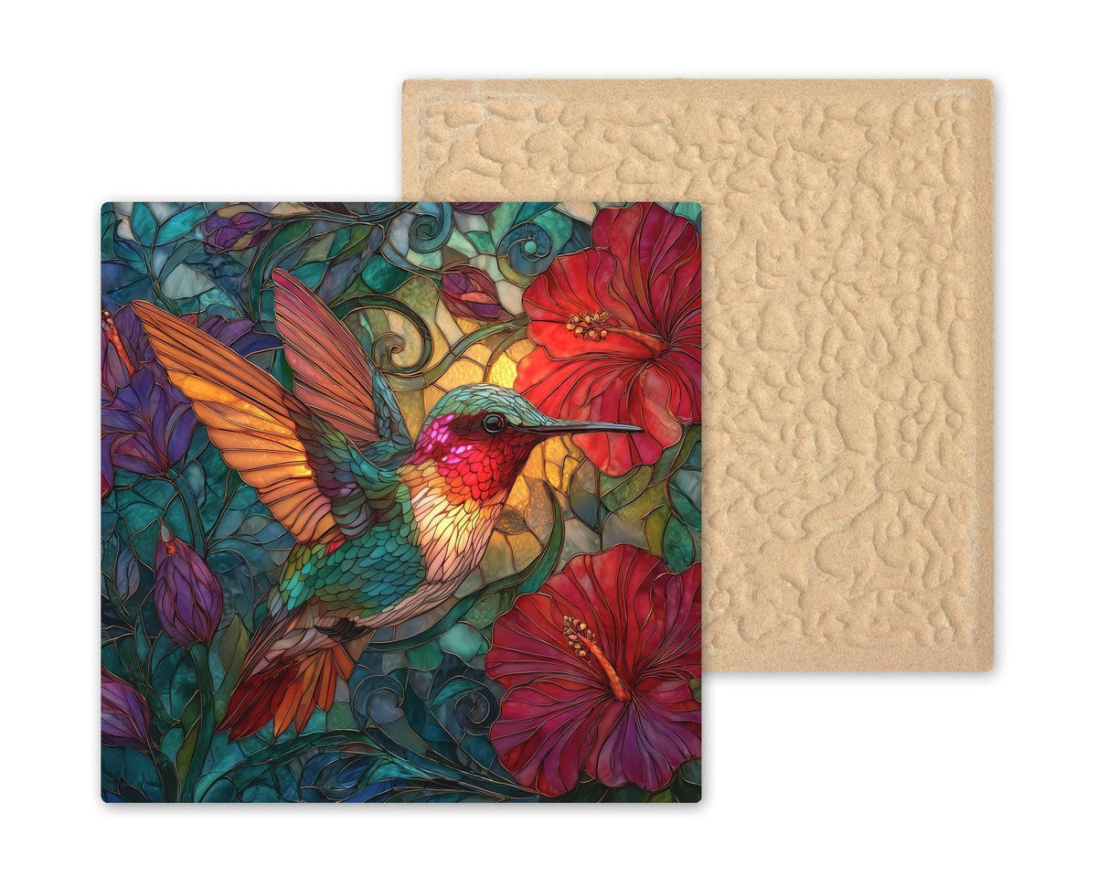 Hummingbird Wall Art Ceramic Tile Stained Glass Style Hibiscus Floral Design Nature Home Decor Botanical Gift Tile