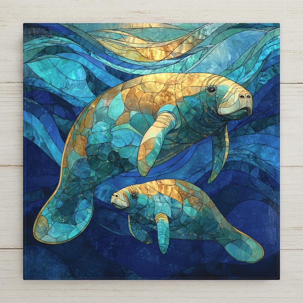Stained glass-style manatee and baby ceramic tile wall art showing a mother manatee swimming with her calf through layered blue ocean waves with gold accents. A permanent high-resolution ceramic print designed to resemble stained glass, not made of glass or mosaic. Ideal for coastal home decor, ocean wall art, or a meaningful home decor gift. Optional wall hanger, easel stand, cork backing, and premium frame available.
