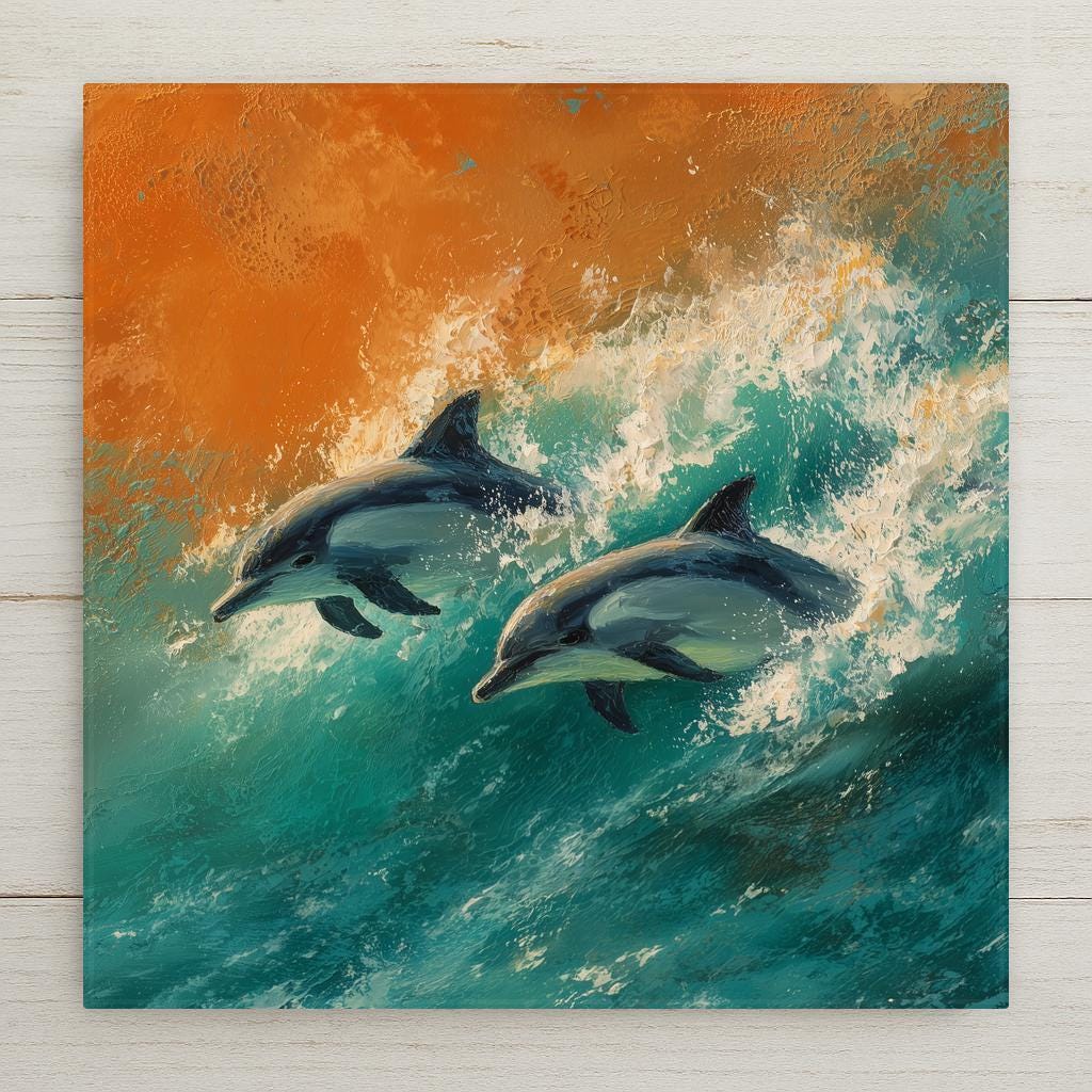 Stained glass style dolphin ceramic tile with a dolphin leaping through deep cobalt and teal ocean waves at golden sunset, vivid amber and gold spray catching the last light, a vivid coastal wildlife and dolphin lover gift.