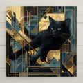 Art Deco black cat stained glass style wall art ceramic tile with geometric gold and blue details. A bold feline home decor accent for modern or vintage homes. Perfect gift for cat lovers and Art Deco enthusiasts. Optional tile wall hanger, easel tile stand, or cork backing available.