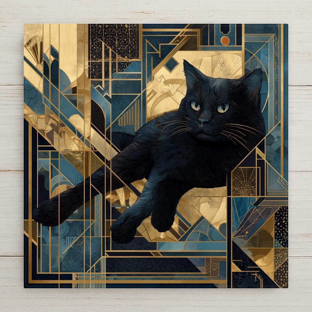 Art Deco black cat stained glass style wall art ceramic tile with geometric gold and blue details. A bold feline home decor accent for modern or vintage homes. Perfect gift for cat lovers and Art Deco enthusiasts. Optional tile wall hanger, easel tile stand, or cork backing available.