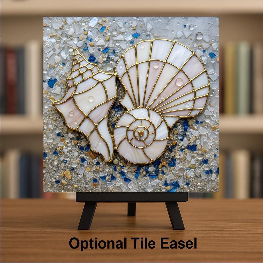 Seashell Stained Glass Style Ceramic Art Tile – Sea Glass Coastal Wall Decor, Nautical Beach House Gift