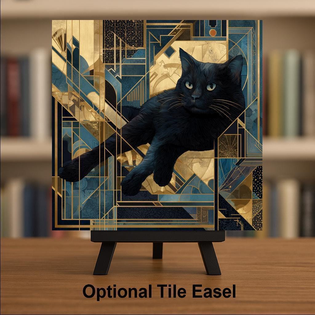 Black Cat Wall Art Ceramic Tile Cat Lover Gift Art Deco Decor Gothic Cat Art Halloween Gift Tile