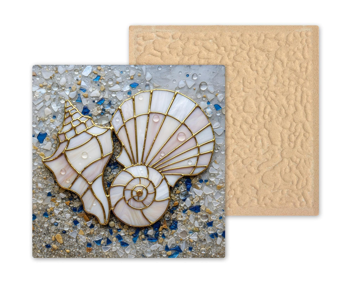 Seashell Stained Glass Style Ceramic Art Tile – Sea Glass Coastal Wall Decor, Nautical Beach House Gift
