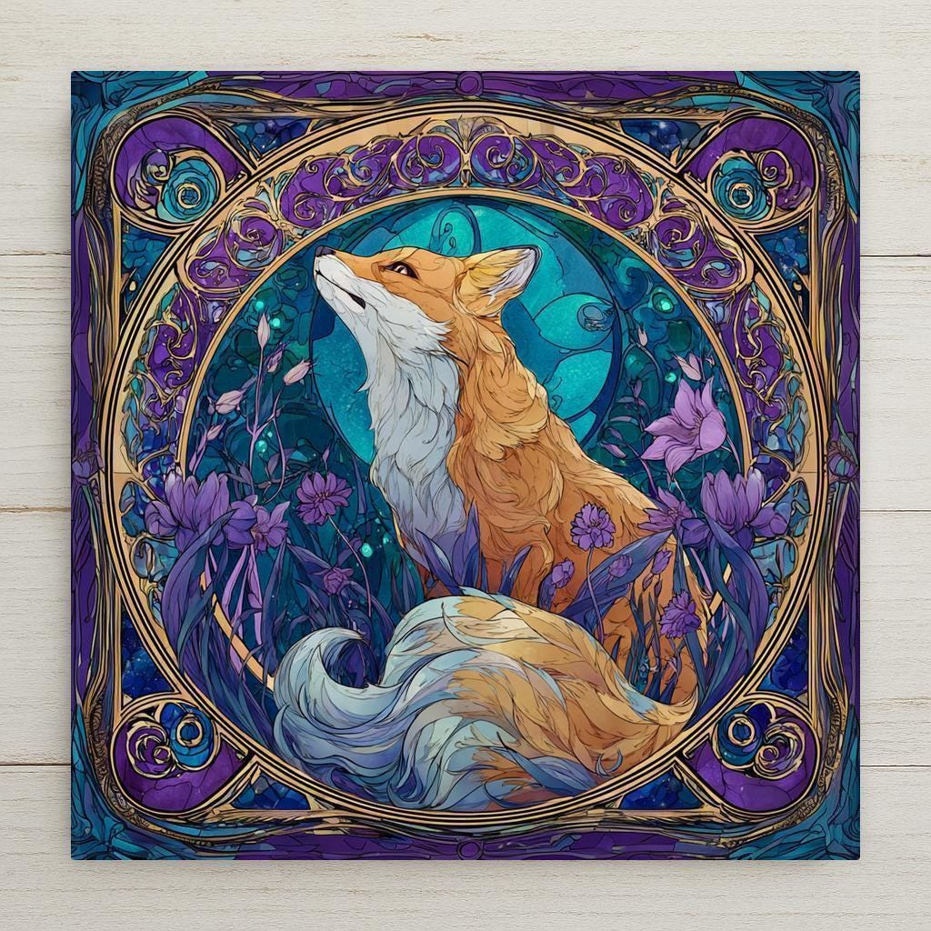 Bring magic home with this Kitsune ceramic tile art! Inspired by stained glass, it features a mystical fox with purple flowers and a glowing moon. Though it looks like stained glass, it’s a permanent ceramic print. Optional add-ons: tile wall hanger, easel tile stand, cork backing. A unique gift or decor piece!