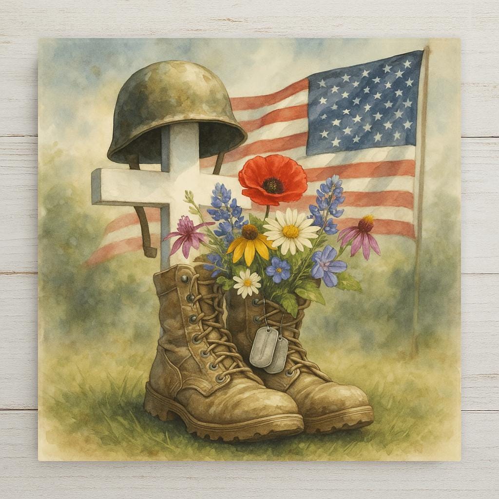 A touching military tribute tile showcasing boots, a cross, dog tags, and the American flag. Perfect as patriotic home decor or a thoughtful Veterans Day gift.